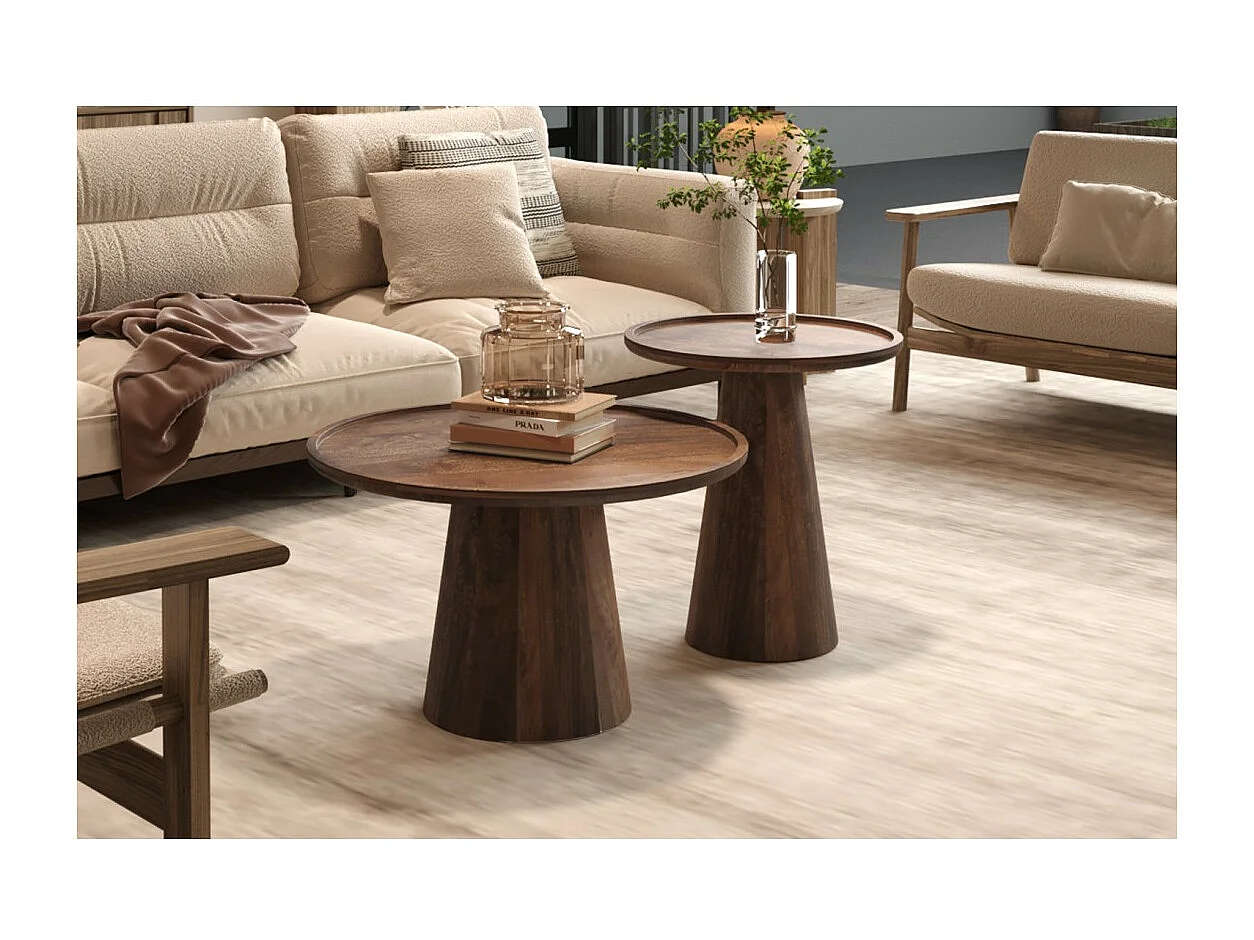 Table basse ronde en bois massif collection JAKARTA - Style ethnique et design - Diamètre 65cm