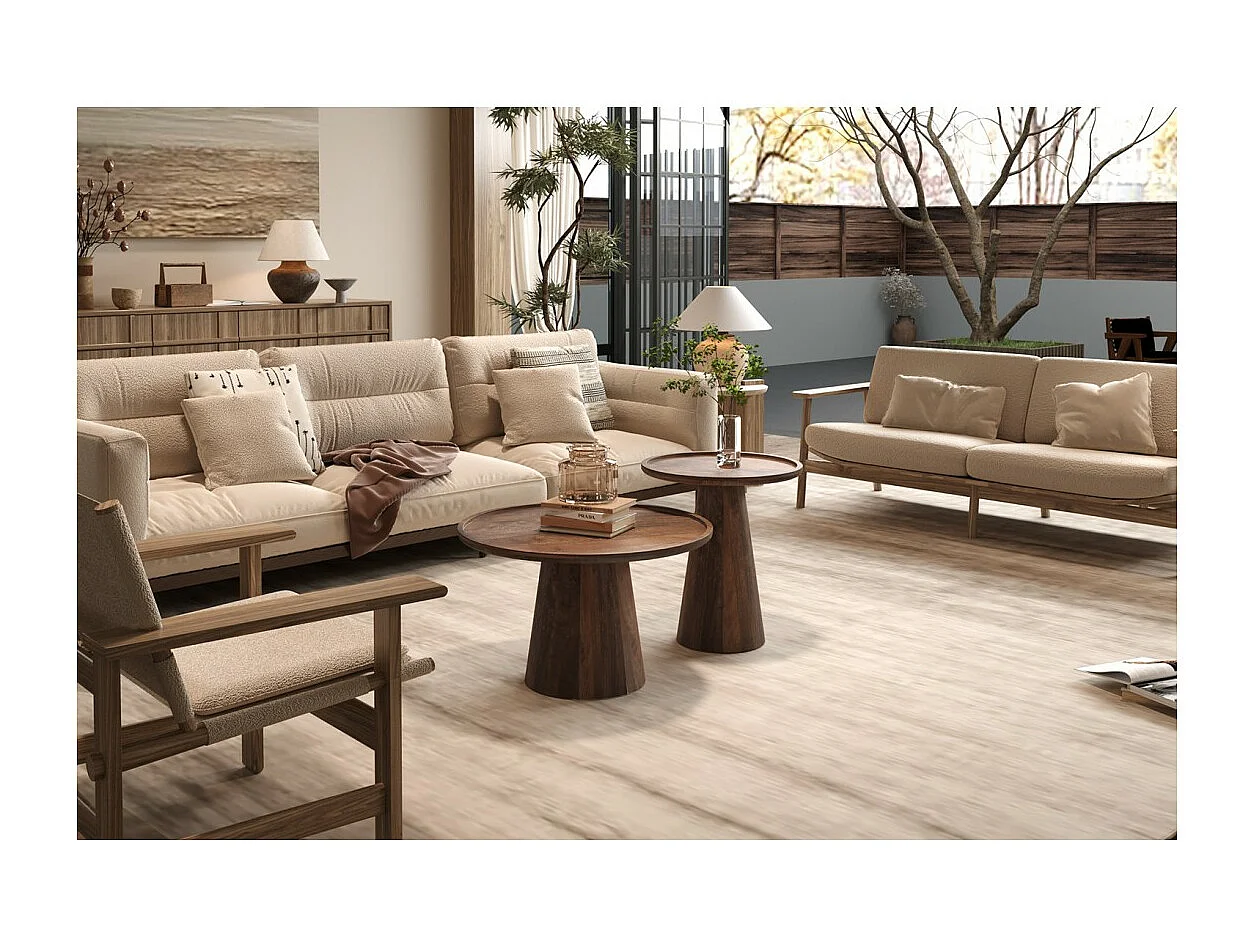 Table basse ronde en bois massif collection JAKARTA - Style ethnique et design - Diamètre 65cm