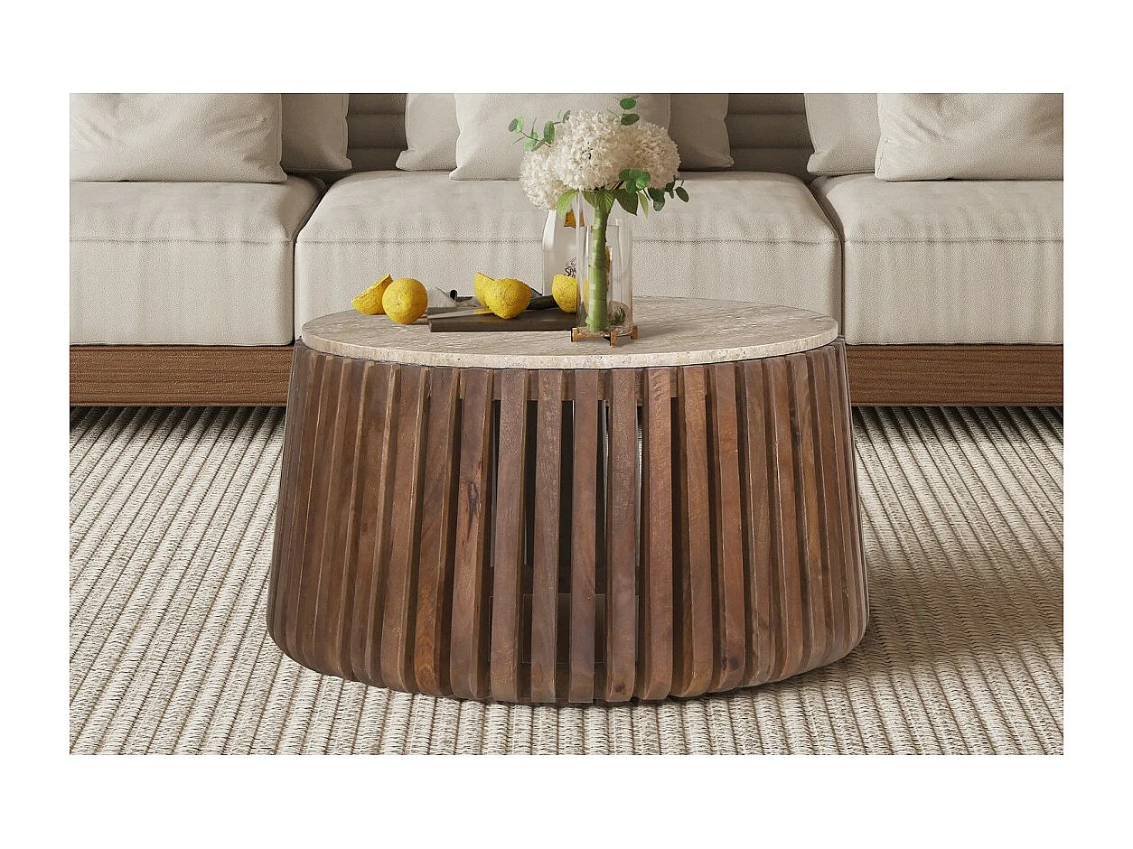 Table basse ronde en bois massif collection DELHI diamètre 70cm - Style ethnique et design