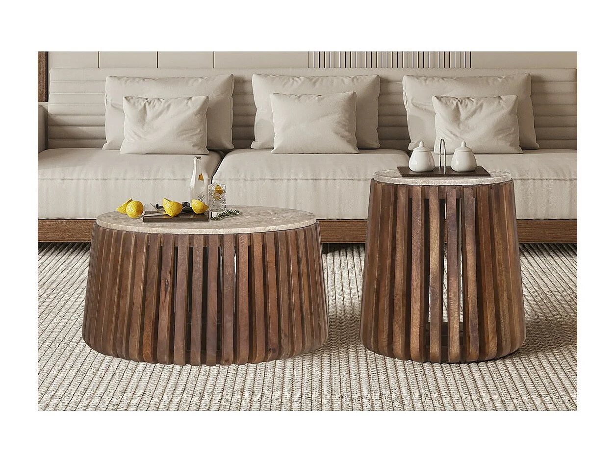 Mesa baja redonda de madera maciza colección DELHI diámetro 70cm - Estilo étnico y diseño