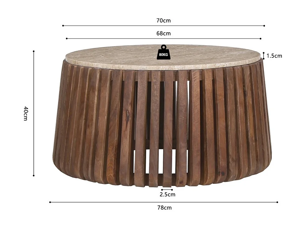 Table basse ronde en bois massif collection DELHI diamètre 70cm - Style ethnique et design
