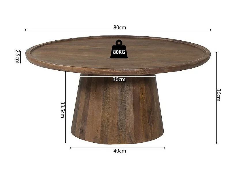 Table basse ronde en bois massif collection JAKARTA - Style ethnique et design - Diamètre 80cm