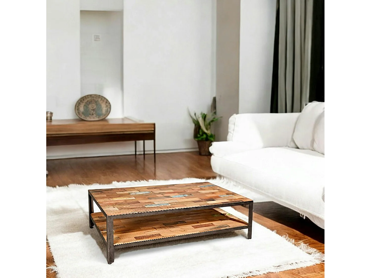 Table basse rectangulaire double plateaux bois recyclée 120x70x35cm CARAVELLE