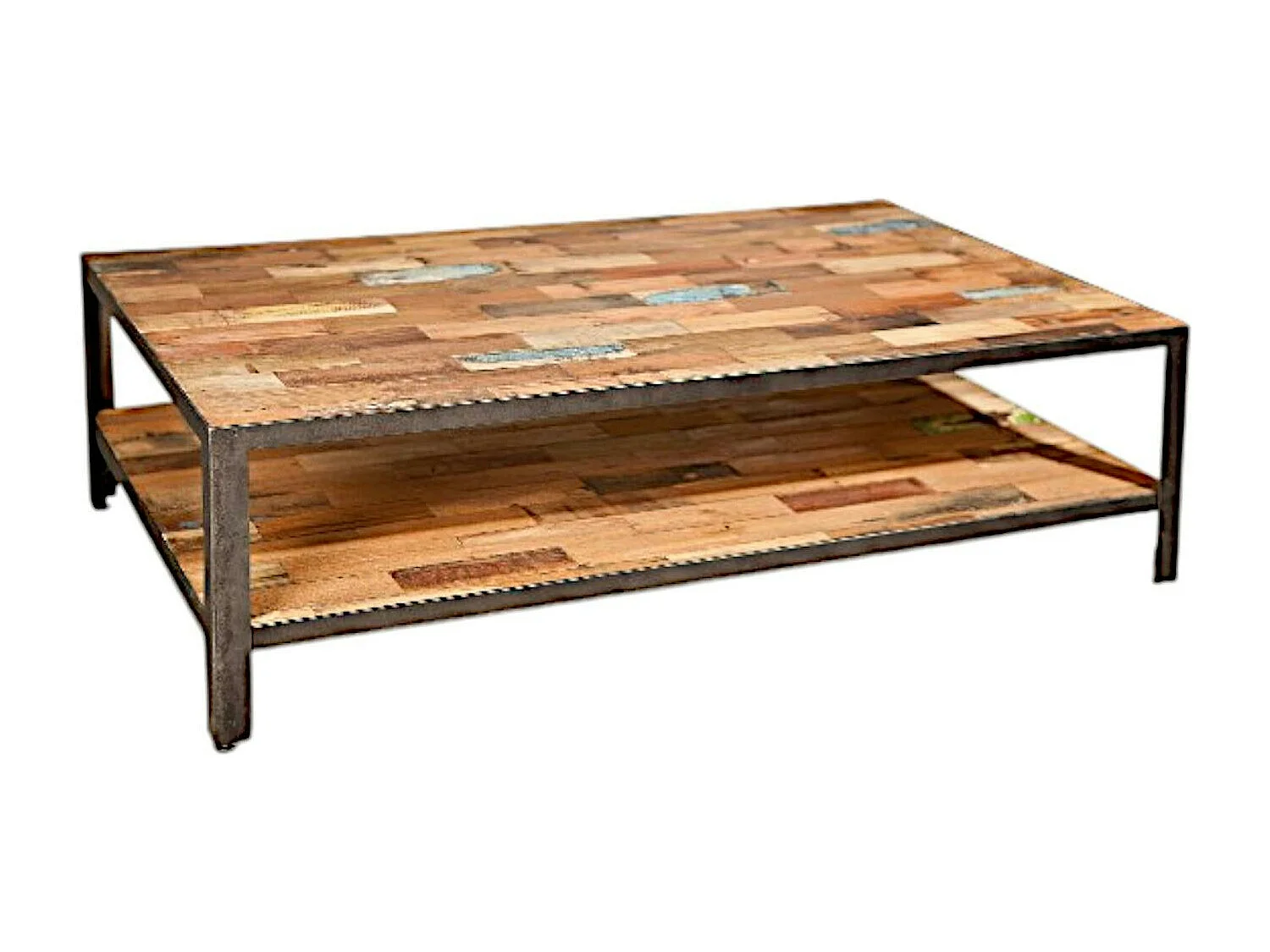 Table basse rectangulaire double plateaux bois recyclée 120x70x35cm CARAVELLE