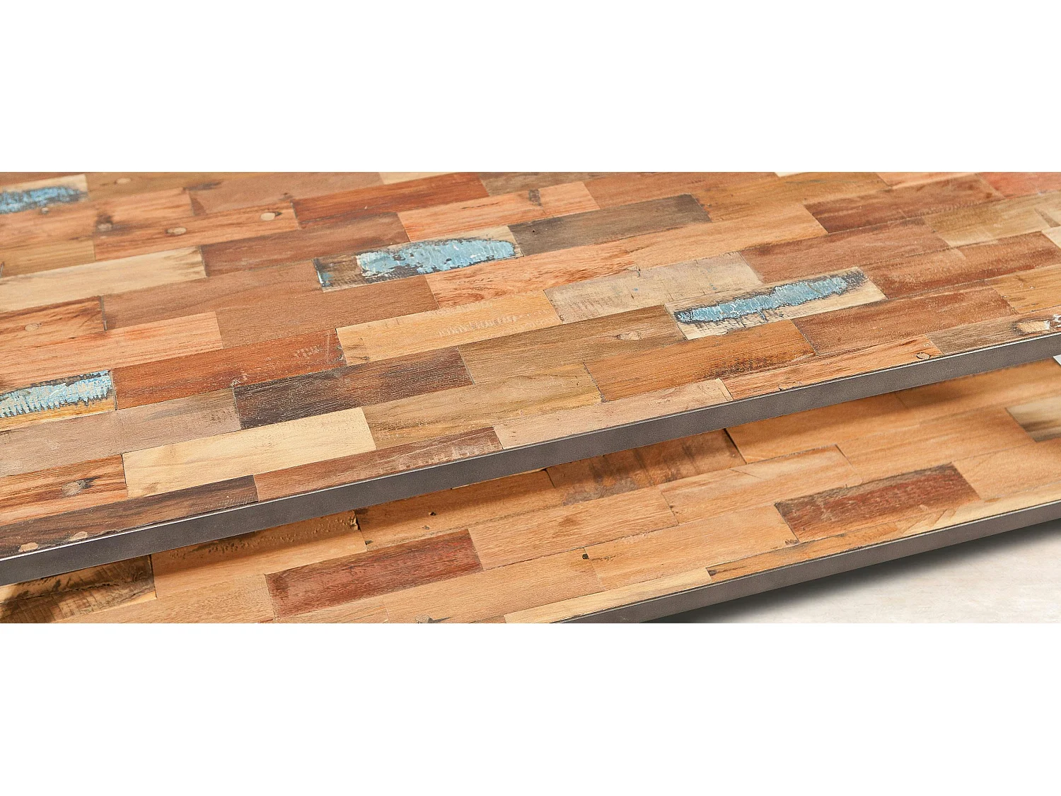 Table basse rectangulaire double plateaux bois recyclée 120x70x35cm CARAVELLE