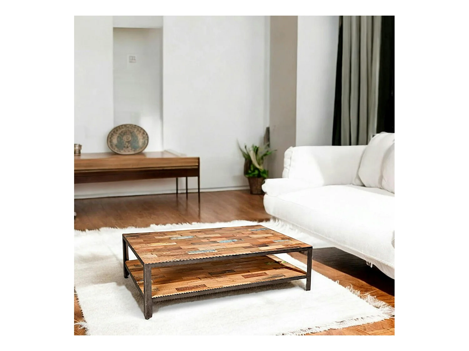 Table basse rectangulaire double plateaux bois recyclée 120x70x35cm CARAVELLE