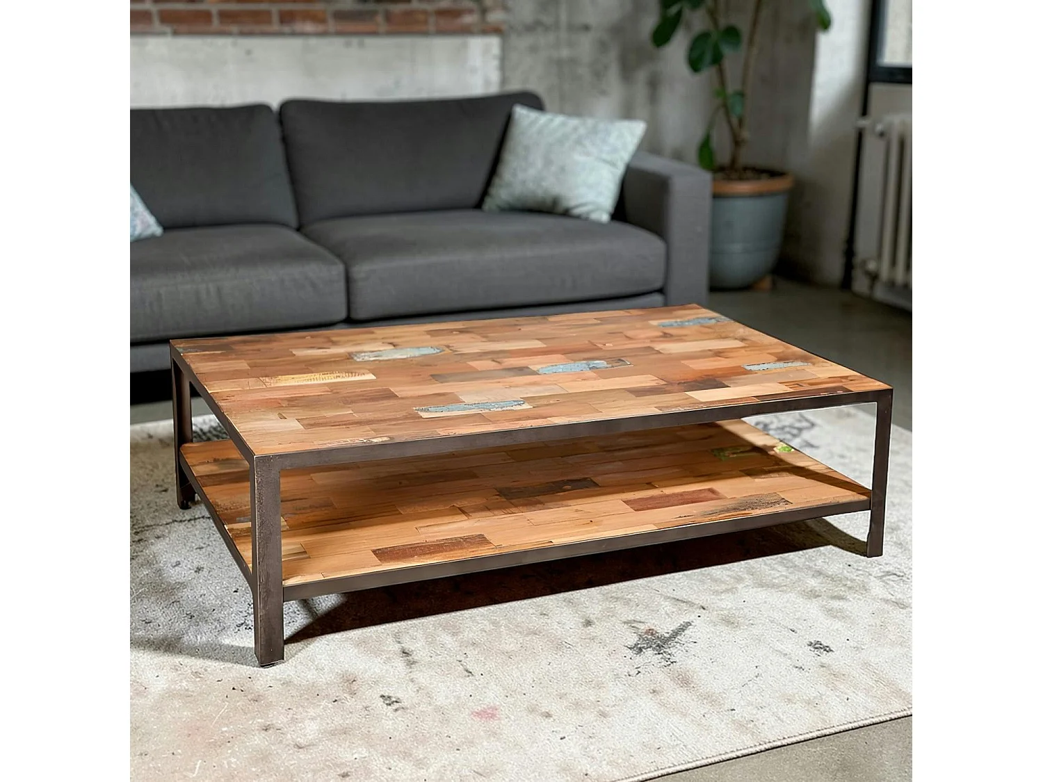 Table basse rectangulaire double plateaux bois recyclée 120x70x35cm CARAVELLE