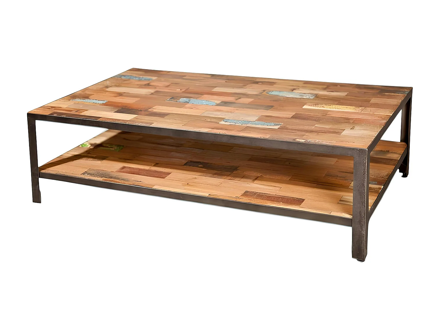 Table basse rectangulaire double plateaux bois recyclée 120x70x35cm CARAVELLE