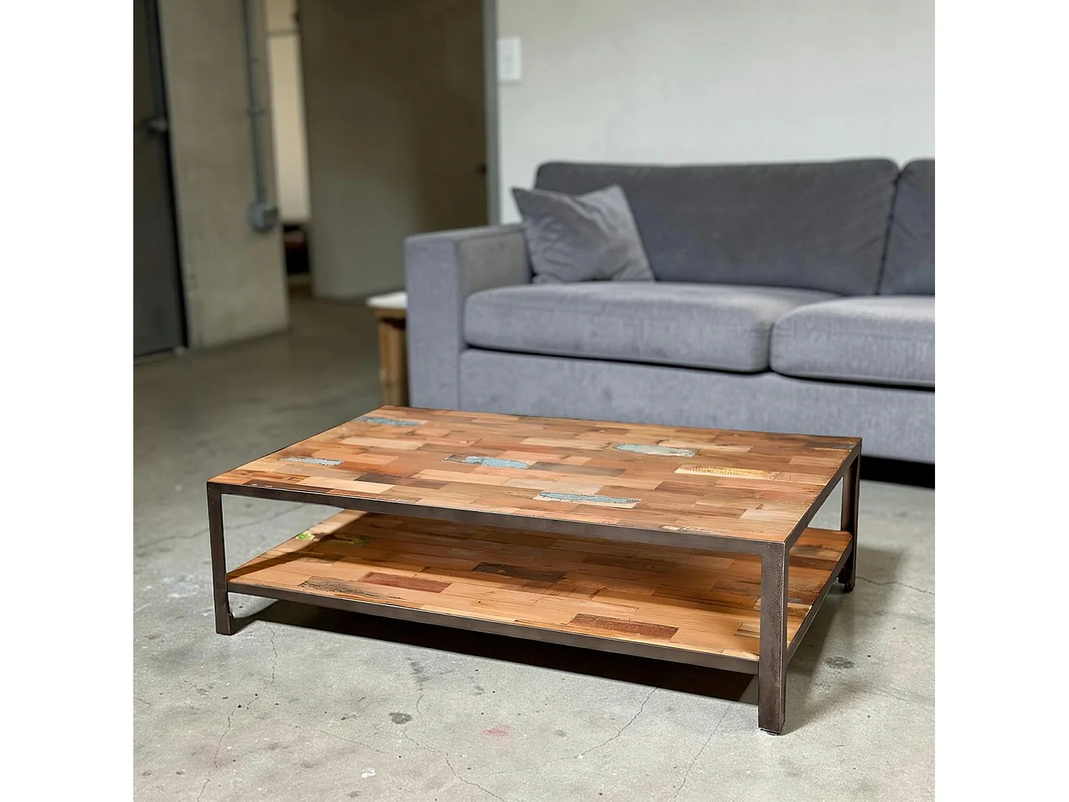 Table basse rectangulaire double plateaux bois recyclée 120x70x35cm CARAVELLE