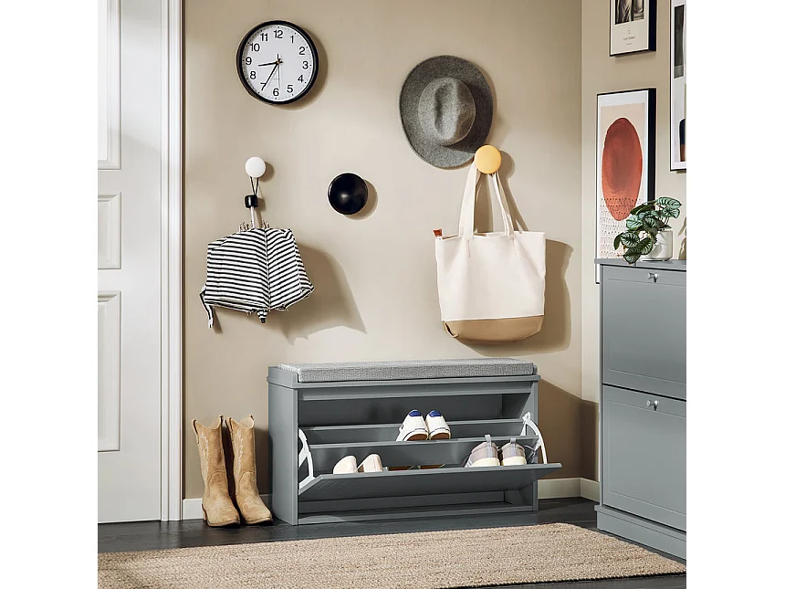 SoBuy FSR98-L-HG Banc à Chaussures, Meuble à Chaussures, Meuble d'entrée, avec Assise Coussin Rembourré et Abattant | Prévente