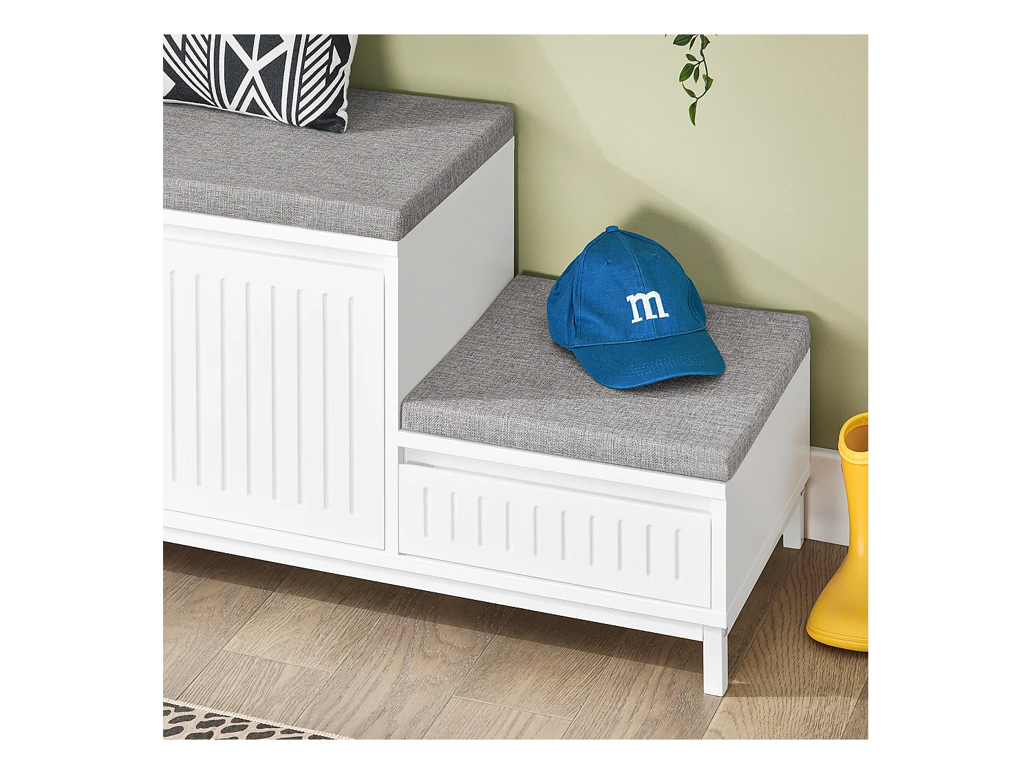 SoBuy FSR172-W Banc de Rangement à Chaussure, Meuble à Chaussures pour Enfants, avec 2 Coussins, 2Portes et 1 Tiroir