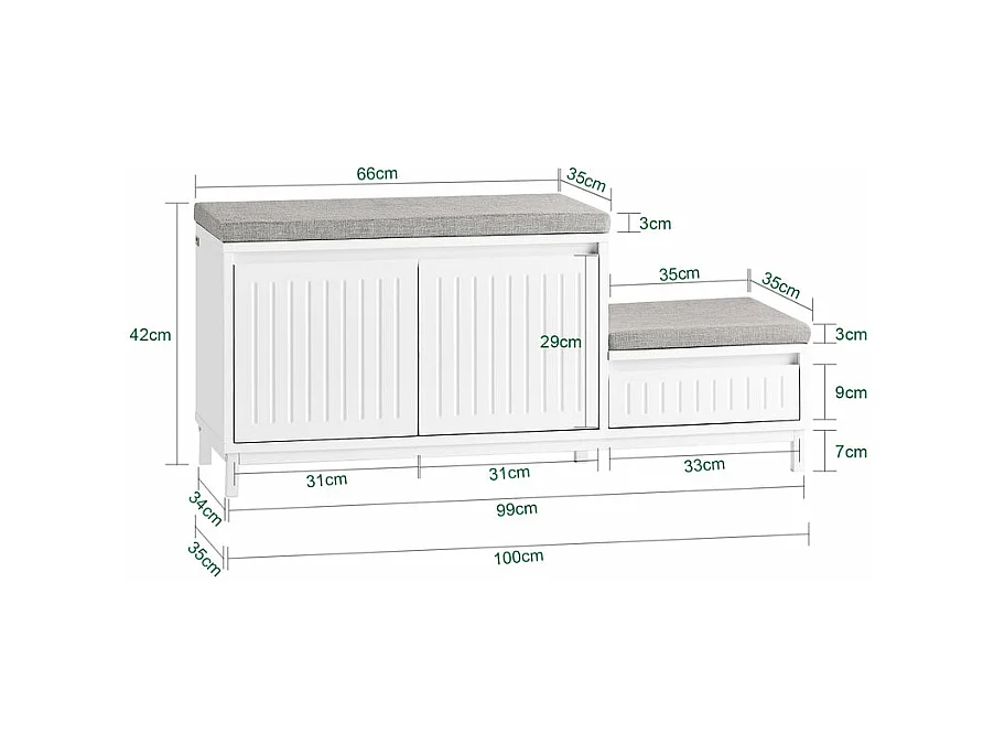 SoBuy FSR172-W Banc de Rangement à Chaussure, Meuble à Chaussures pour Enfants, avec 2 Coussins, 2Portes et 1 Tiroir