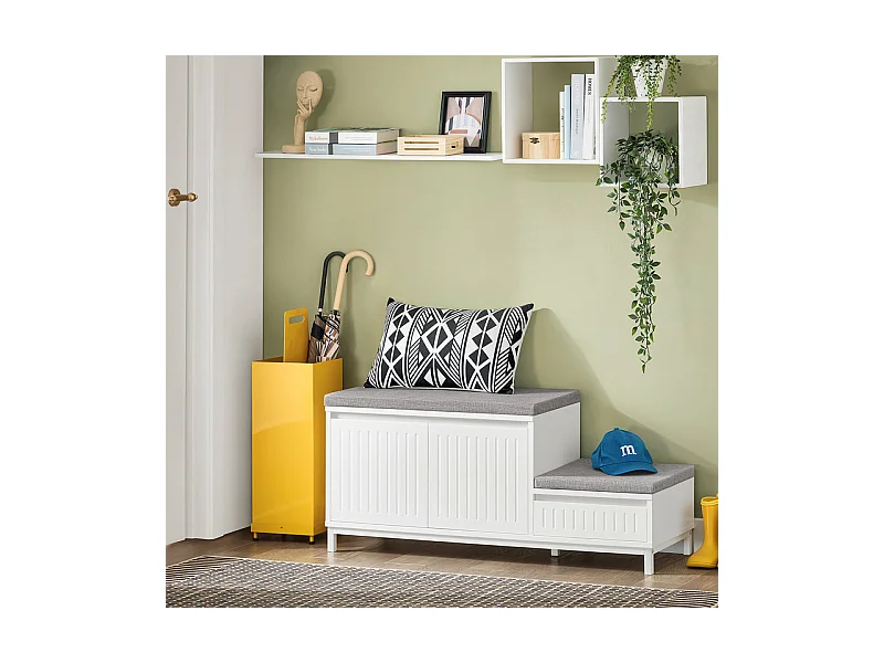 SoBuy FSR172-W Banc de Rangement à Chaussure, Meuble à Chaussures pour Enfants, avec 2 Coussins, 2Portes et 1 Tiroir