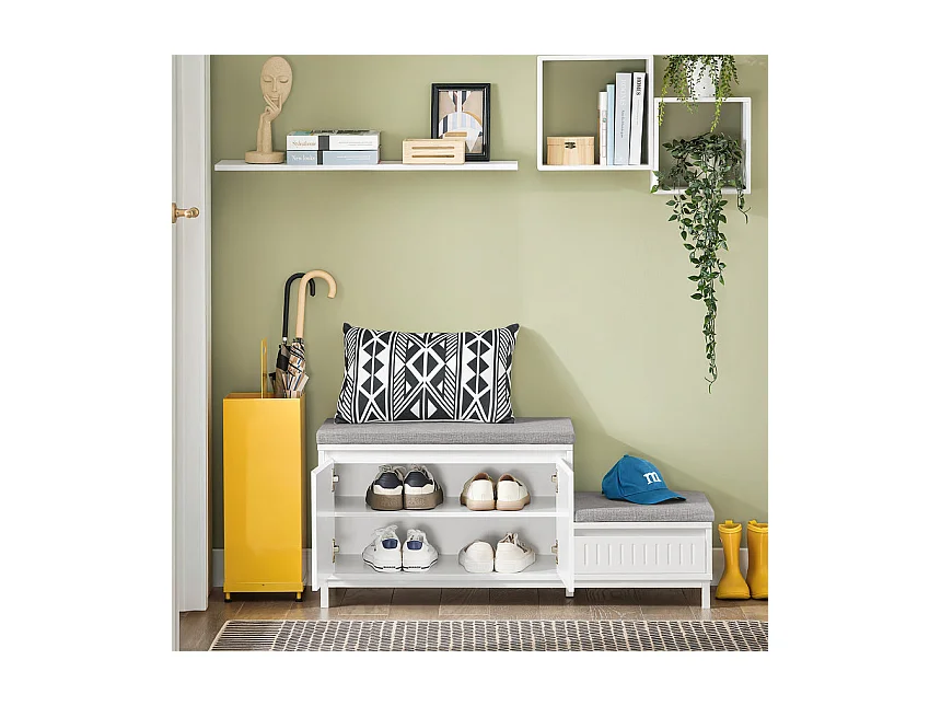 SoBuy FSR172-W Banc de Rangement à Chaussure, Meuble à Chaussures pour Enfants, avec 2 Coussins, 2Portes et 1 Tiroir