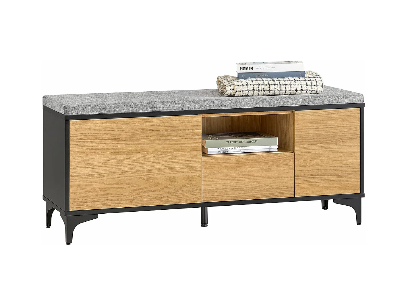 SoBuy FSR175-N Banc de Rangement, Banc à Chaussures, avec 1 Coussin Rembourré, 1 Tiroir et 2 Portes pour Entrée