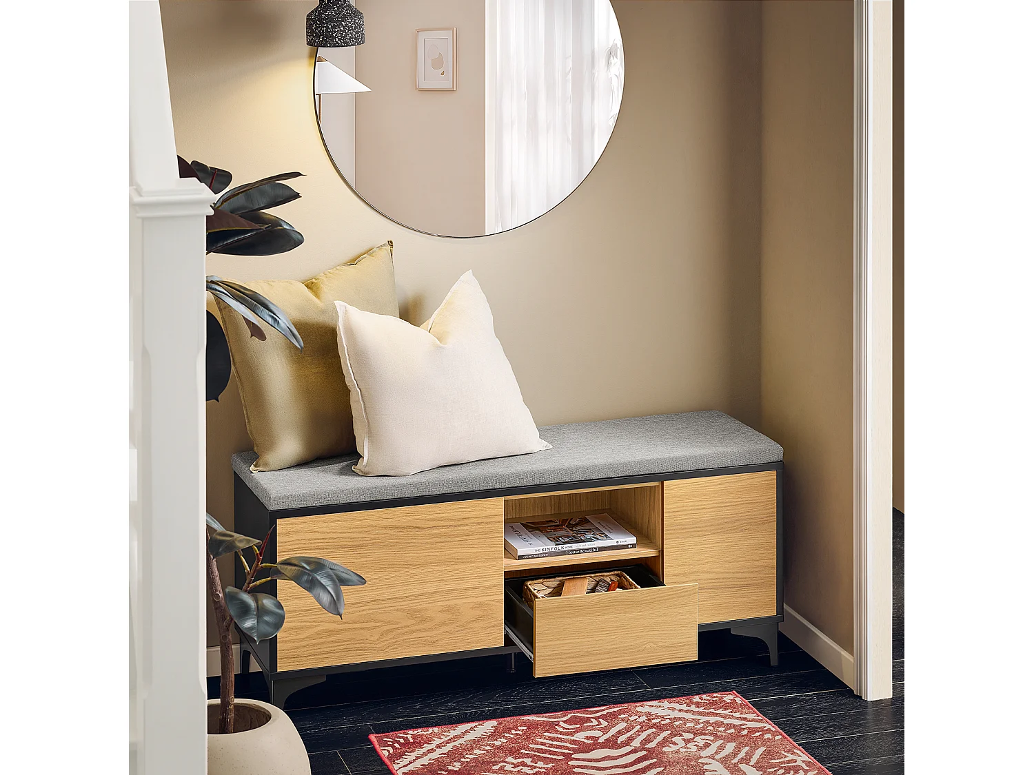 SoBuy FSR175-N Schoenbank met 2 kleppen en 1 schuifladen zitbank schoenencommode schoenenrek natuur BHT ca. 110x44x35cm