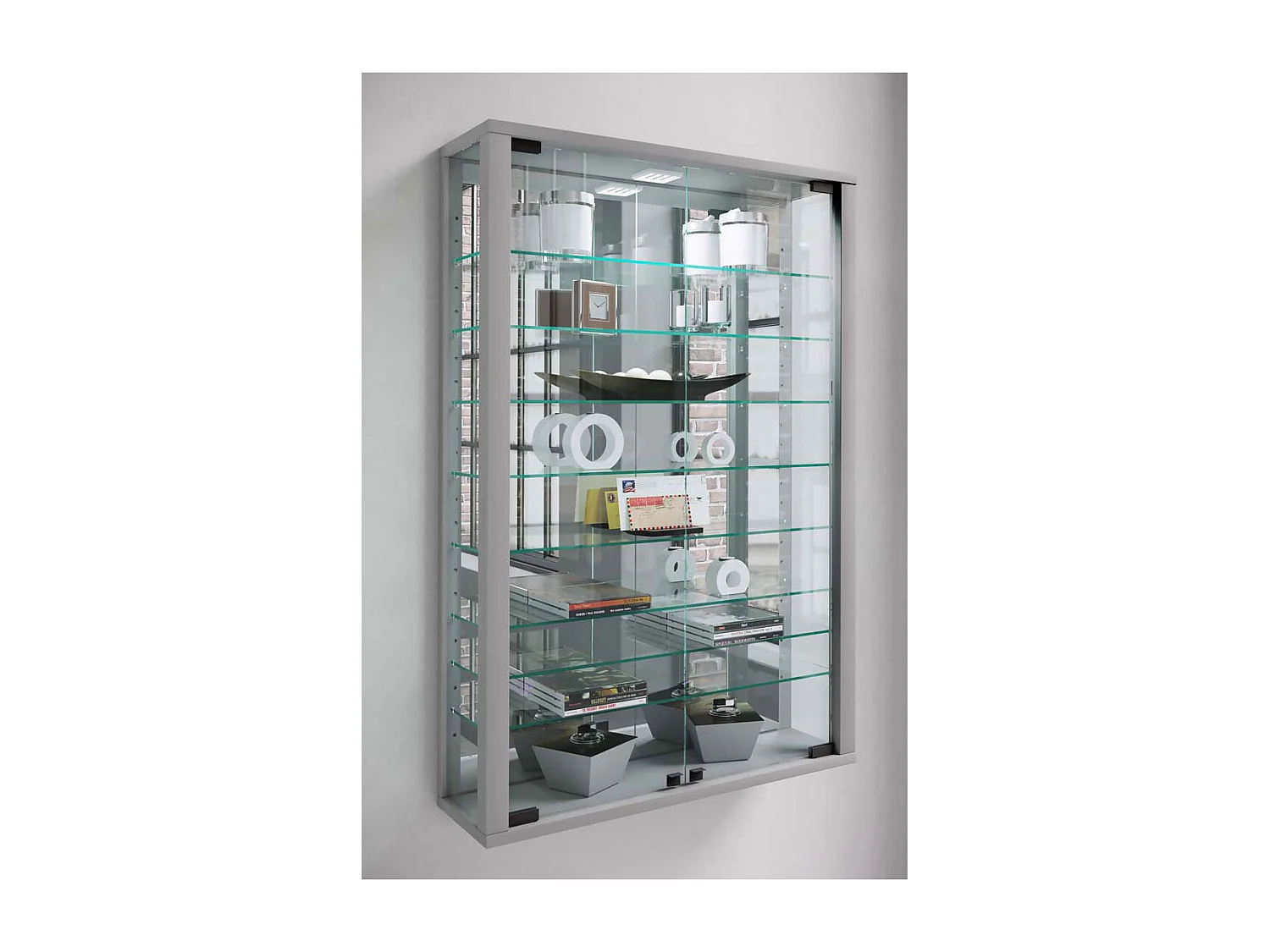 VitrosaMini Vitrinenschrank wandhängend mit Spiegel 2 Glastüren Inkl. LED-Leuchten silberfarben.