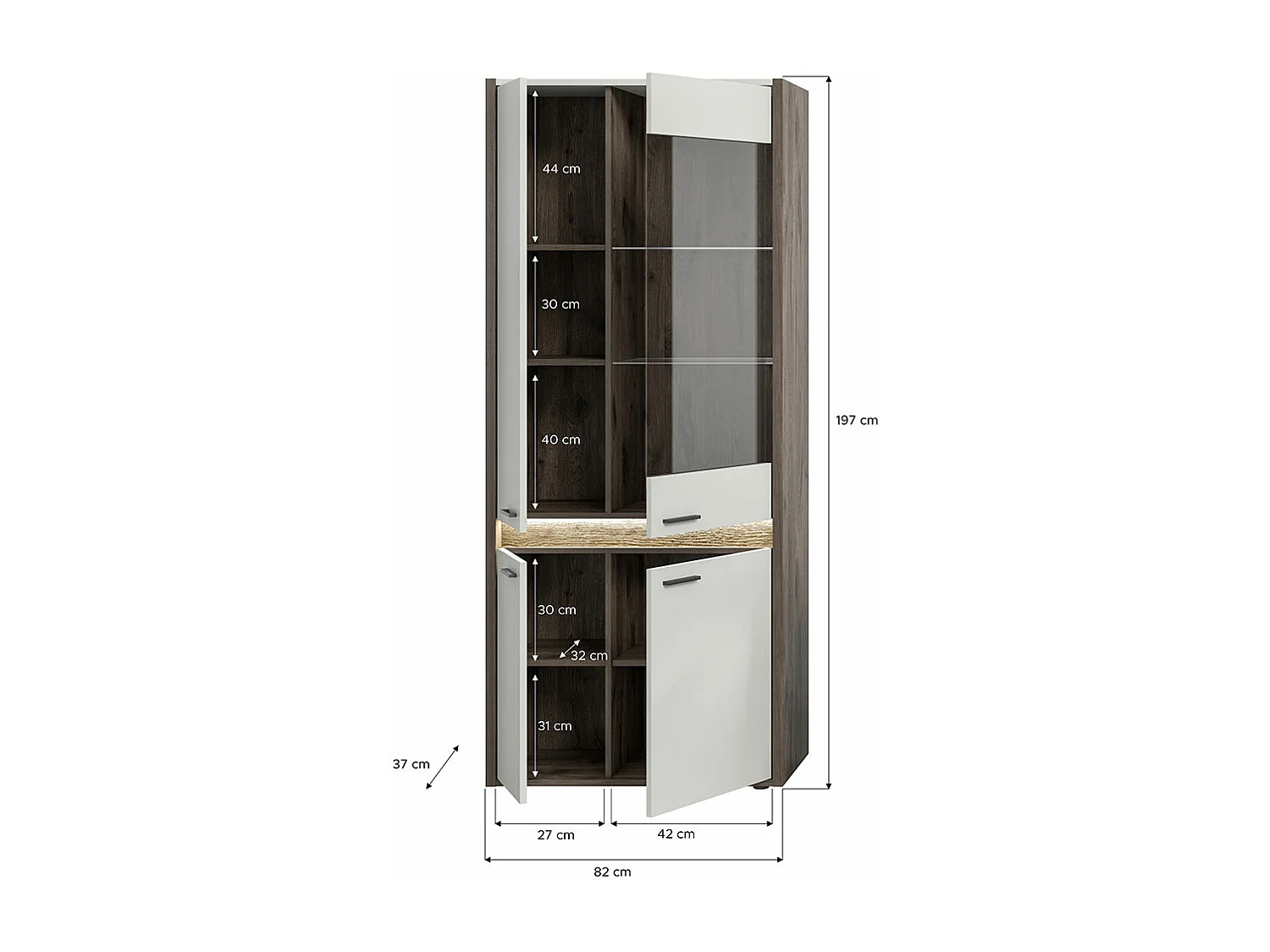 Falcona Vitrinenschrank 4 Türen inkl. LED Beleuchtung hellgrau.