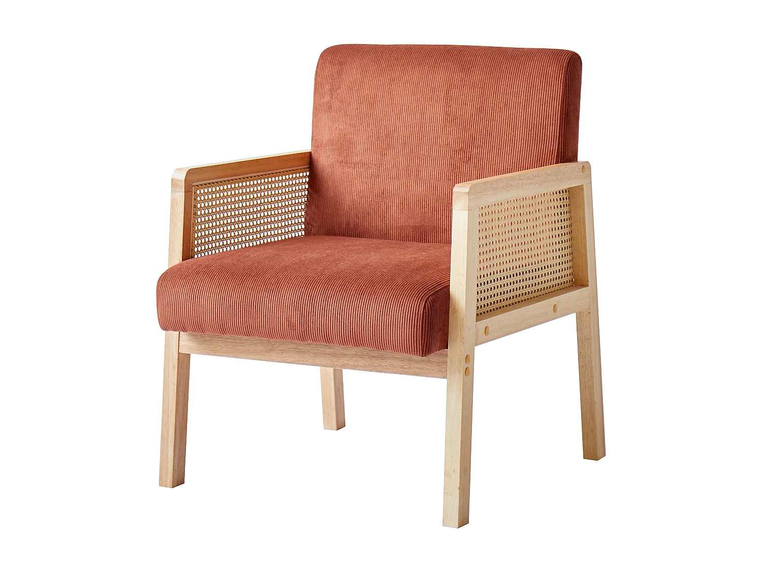 Fauteuil de salon en cannage et tissu terracotta
