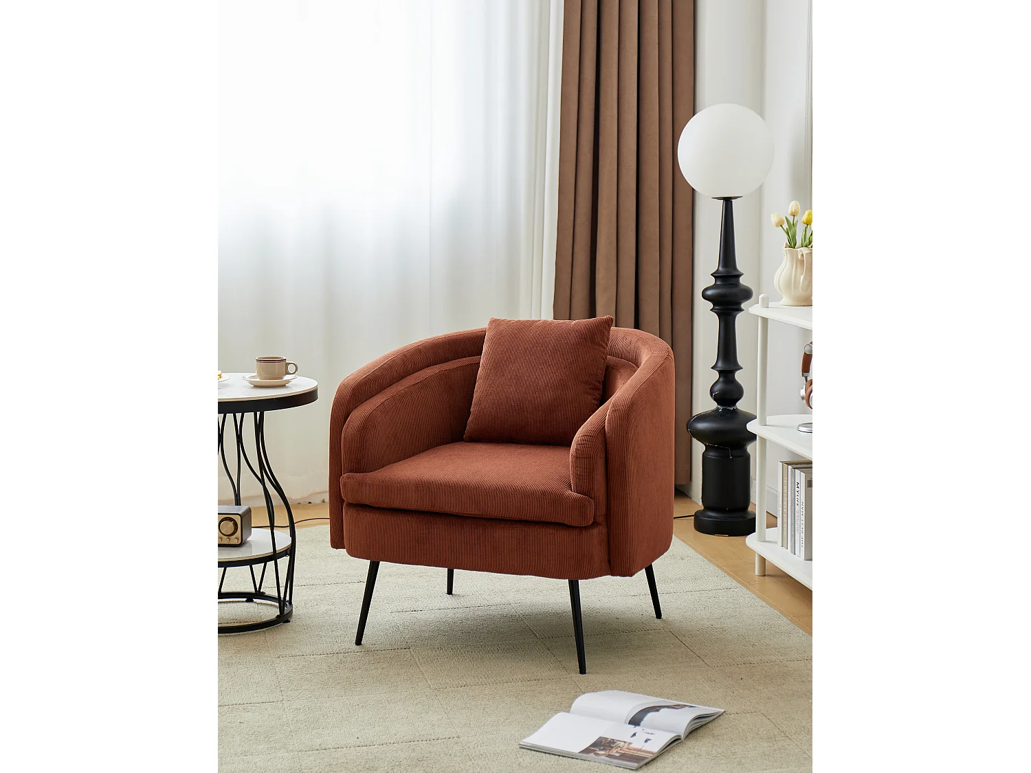 Fauteuil de salon en métal et velours côtelé terracotta