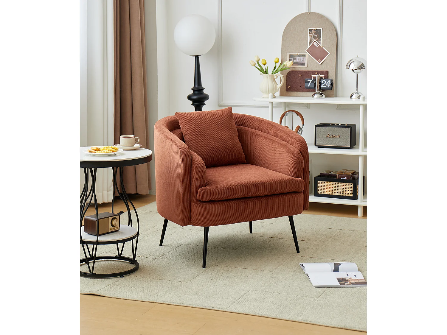 Fauteuil de salon en métal et velours côtelé terracotta