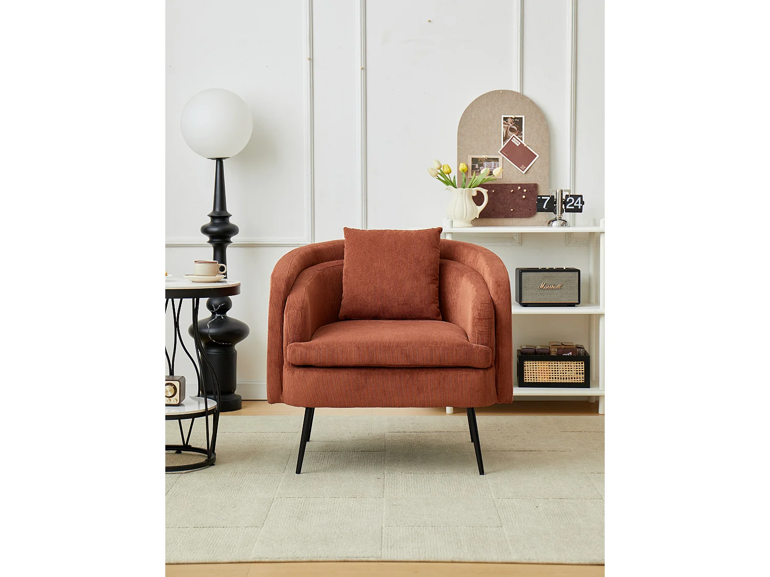 Fauteuil de salon en métal et velours côtelé terracotta