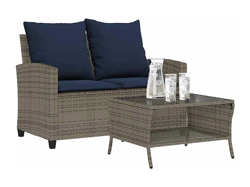 Gartensofa 2-Sitzer mit Kissen & Tisch Grau Poly Rattan