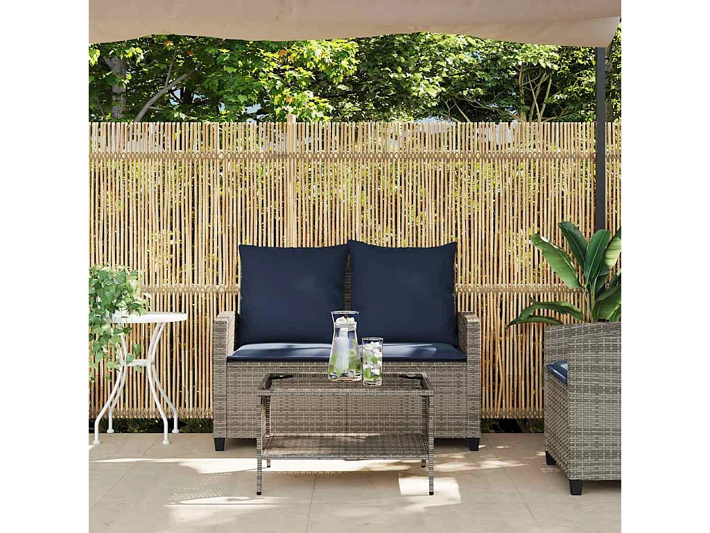 Sofá de jardim 2 lugares com almofadões vime PE cinzento