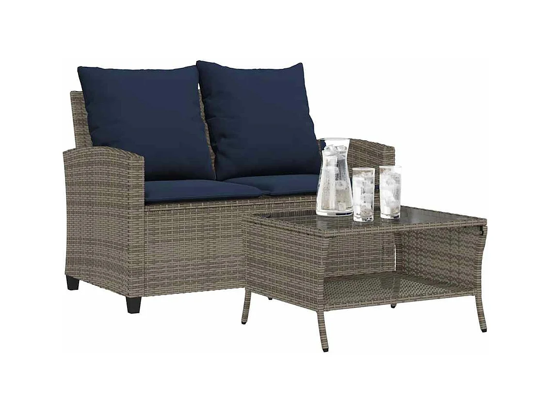 Divano da Giardino a 2 Posti Cuscini&Tavolo Grigio Polyrattan