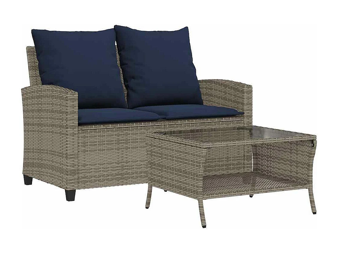 Canapé de jardin 2 places coussins et table gris résine tressée