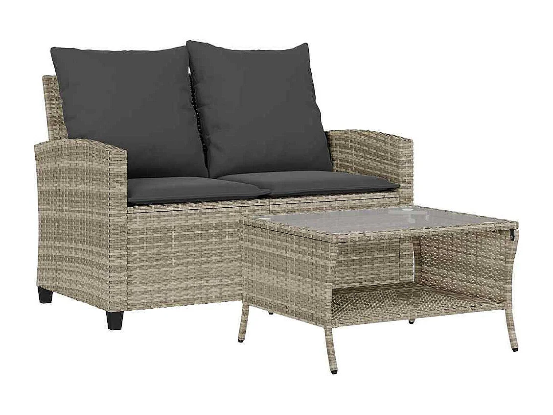 Canapé de jardin 2places coussins et table gris clair polyrotin