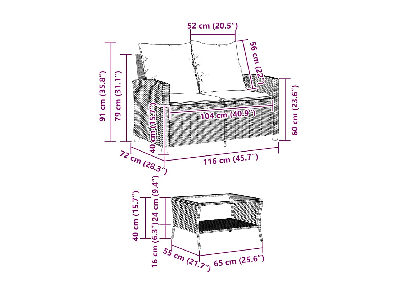 Canapé de jardin 2places coussins et table gris clair polyrotin