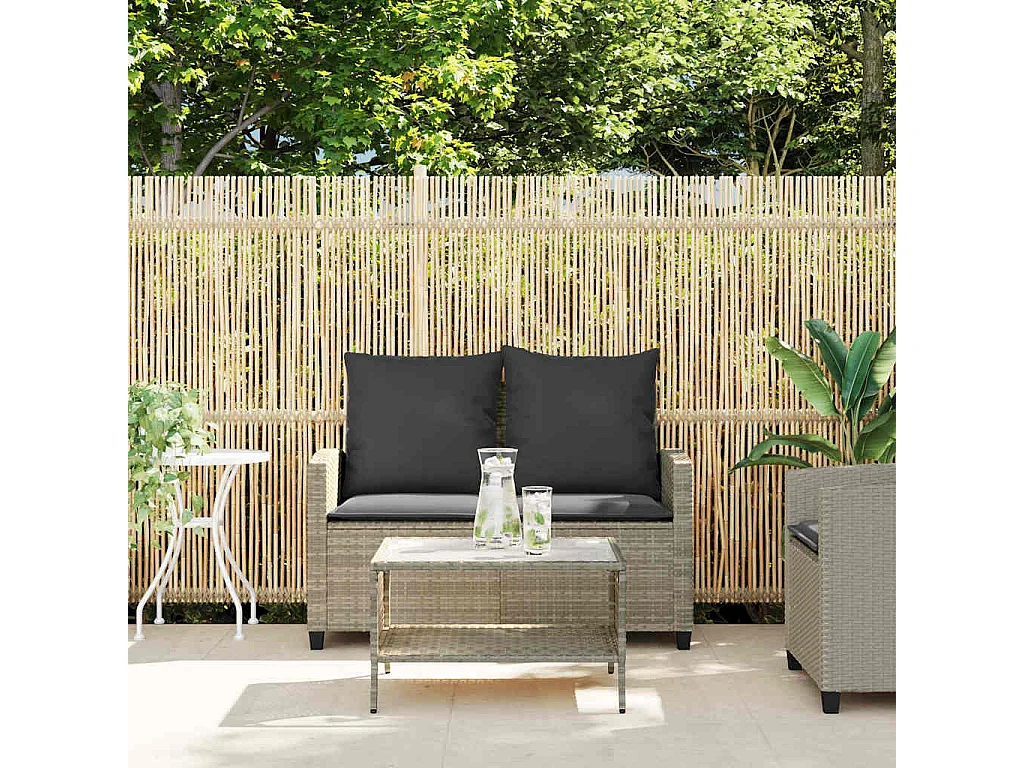 Canapé de jardin 2places coussins et table gris clair polyrotin