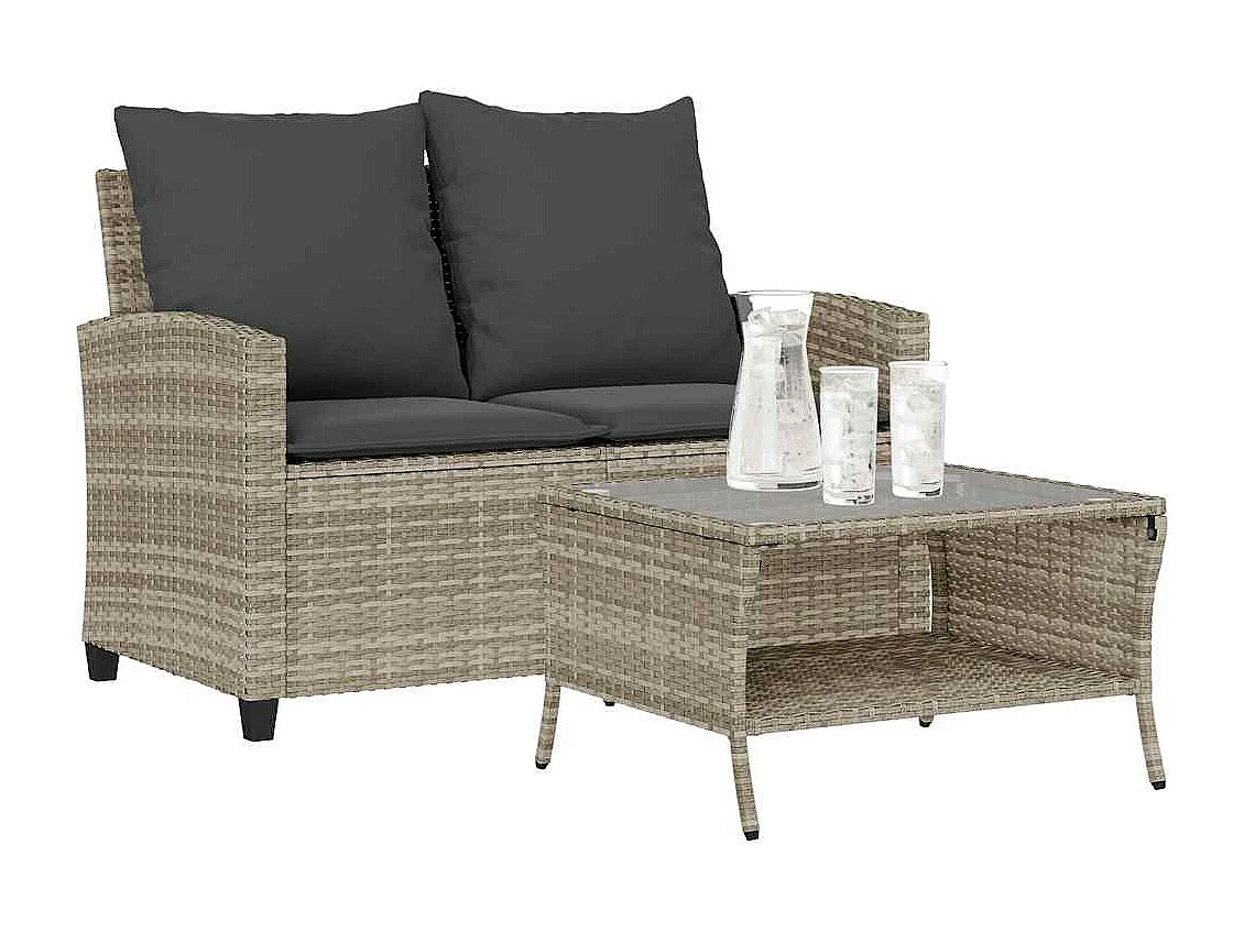 Canapé de jardin 2places coussins et table gris clair polyrotin