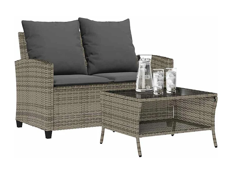 Divano da Giardino a 2 Posti Cuscini&Tavolo Grigio Polyrattan