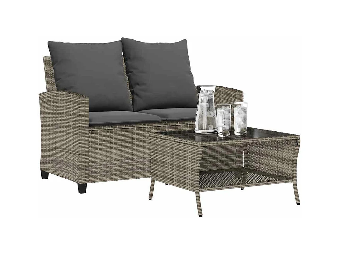 Divano da Giardino a 2 Posti Cuscini&Tavolo Grigio Polyrattan