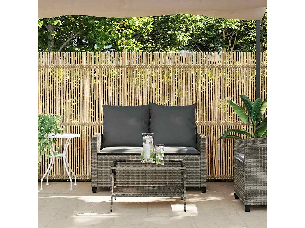 Sofá de jardim 2 lugares com almofadões vime PE cinzento