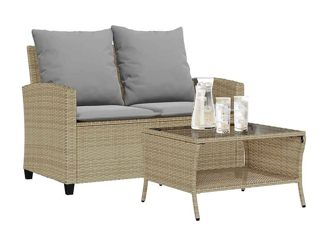 Divano Giardino 2 Posti con Cuscini e Tavolo Beige Polyrattan