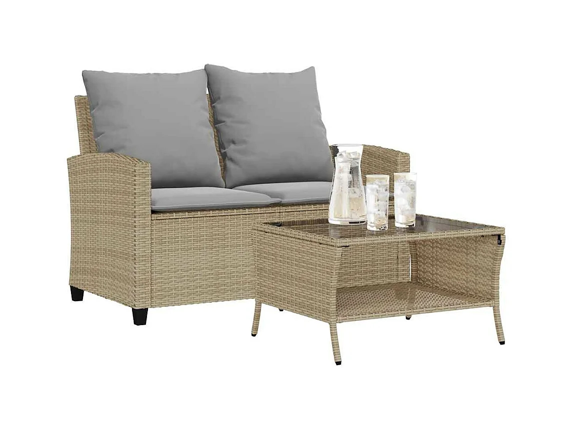 Canapé de jardin 2places coussins et table beige résine tressée