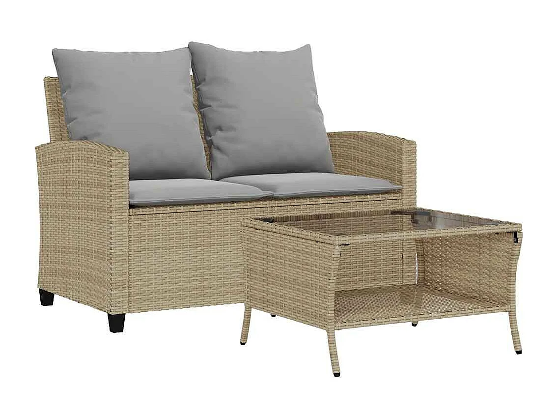 Tuinbank 2-zits met kussens & tafel poly rattan beige