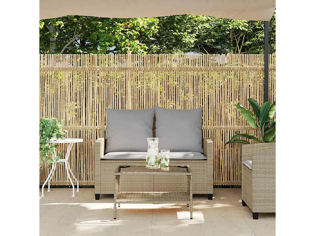 Tuinbank 2-zits met kussens & tafel poly rattan beige