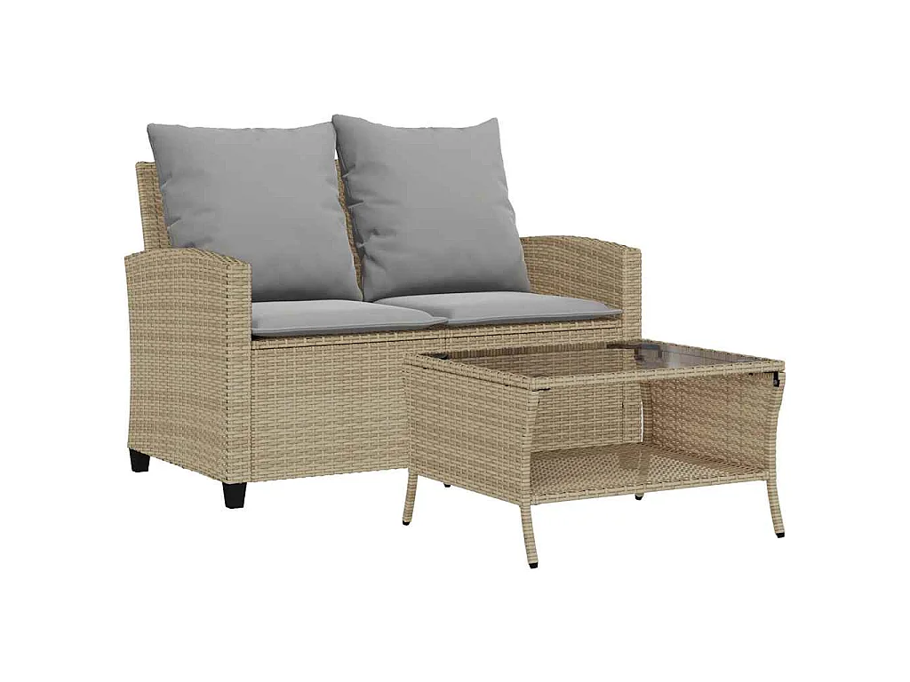 Gartensofa 2-Sitzer mit Kissen & Tisch Beige Poly Rattan