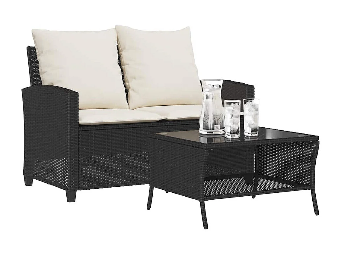 Canapé de jardin 2 places coussins et table noir résine tressée