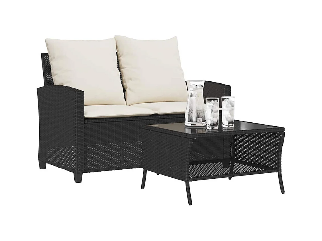 Canapé de jardin 2 places coussins et table noir résine tressée