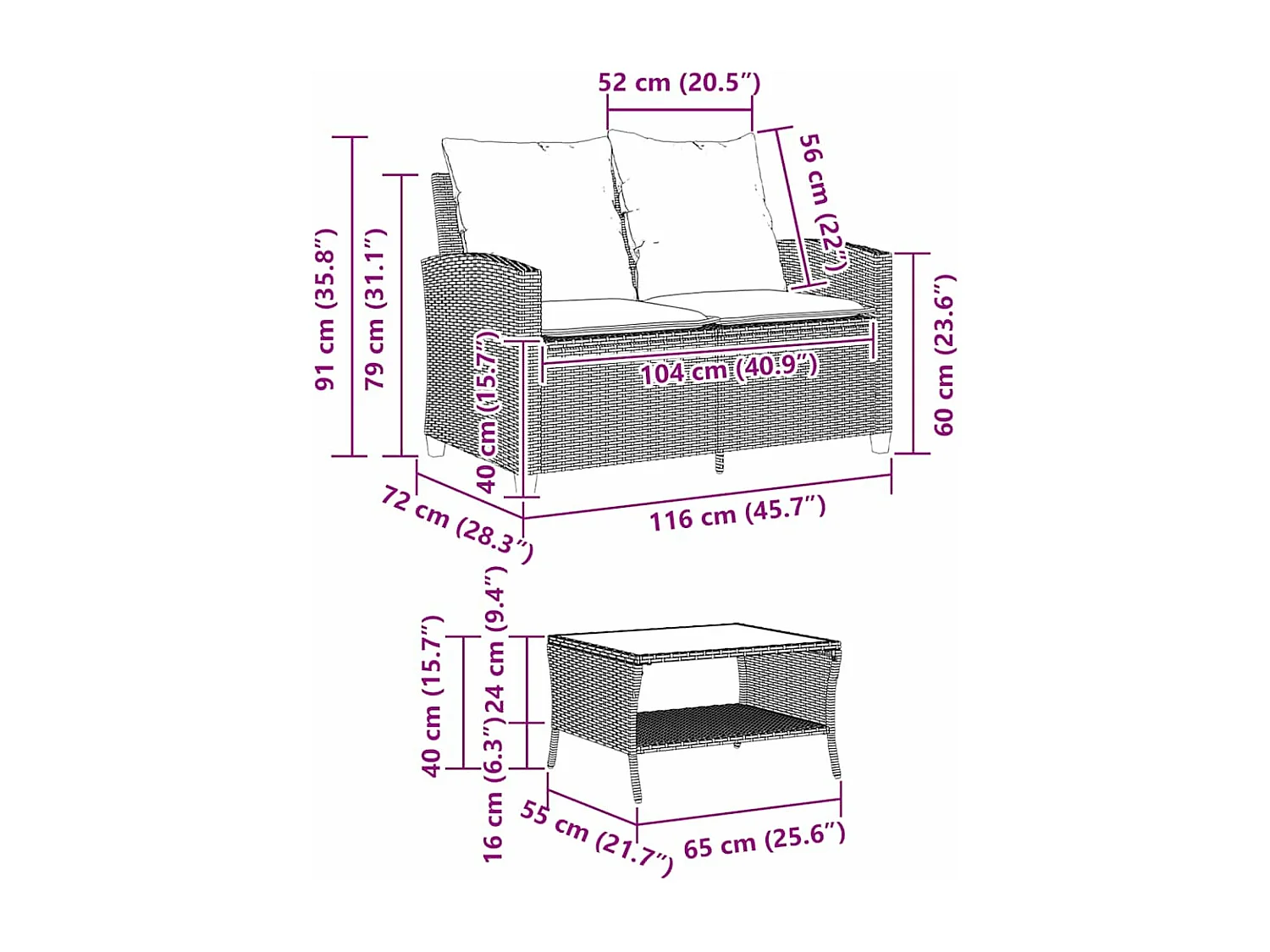 Canapé de jardin 2 places coussins et table noir résine tressée