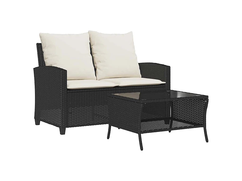 Tuinbank 2-zits met kussens & tafel poly rattan zwart