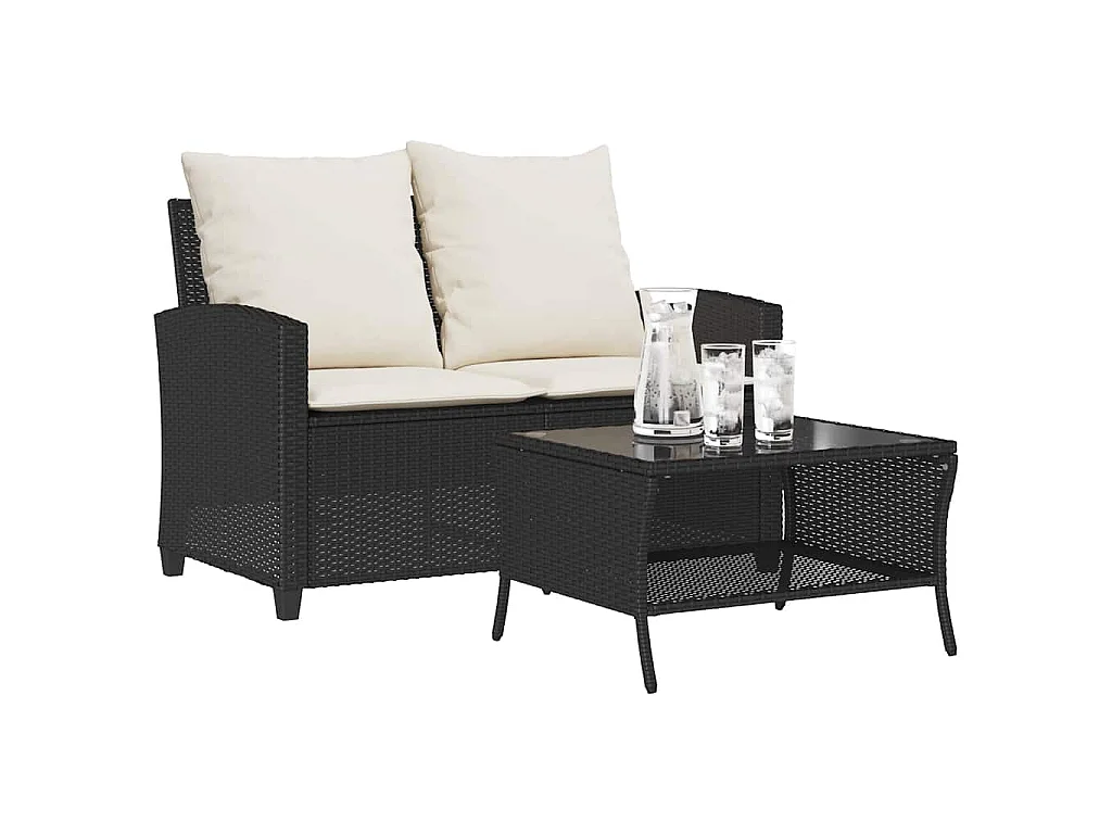 Tuinbank 2-zits met kussens & tafel poly rattan zwart