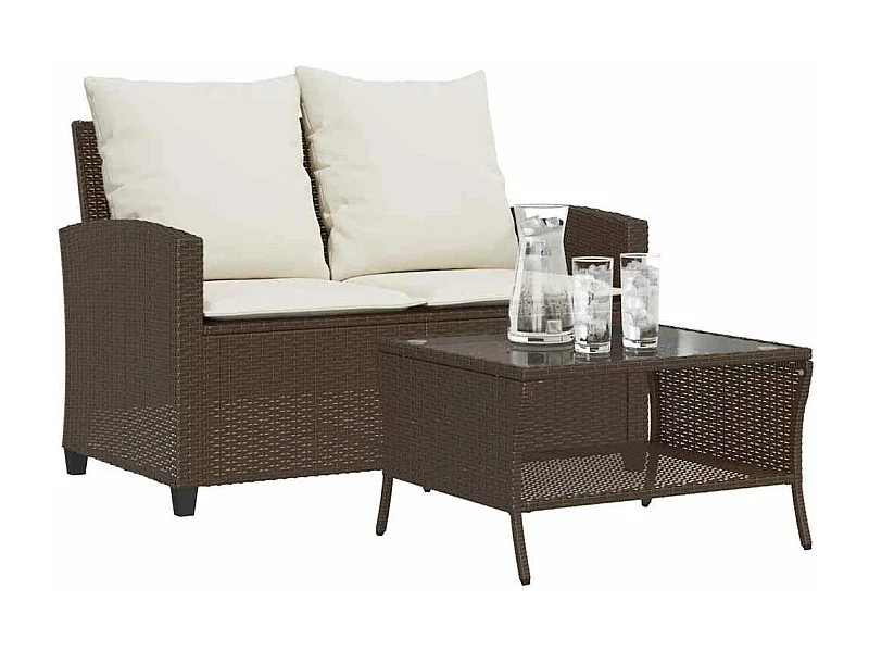 Divano a 2 Posti con Cuscini e Tavolo Marrone Polyrattan