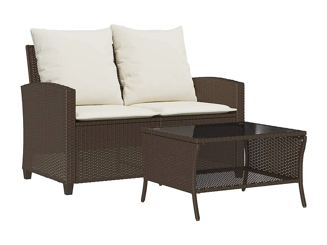 Divano a 2 Posti con Cuscini e Tavolo Marrone Polyrattan