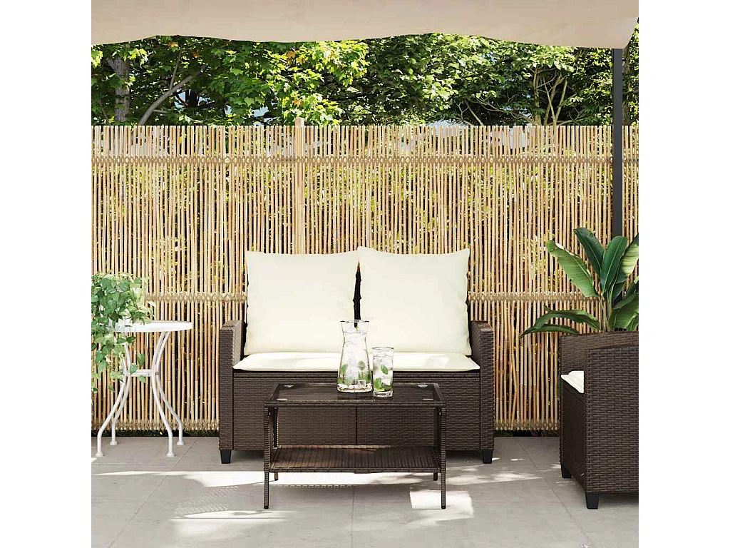 Canapé de jardin 2 places coussins table marron résine tressée